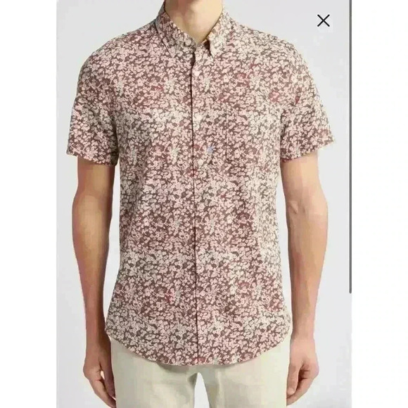Nordstrom Mns Sz L Floral Trim Fit Button Down Shirt Brown Linen Stretch Fun NWT - Picture 2 of 16